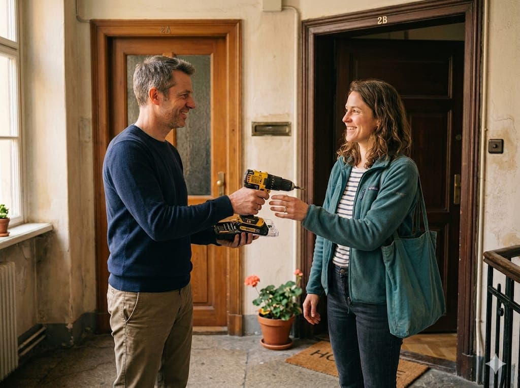 A neighbour handing over a borrowed drill at an apartment doorway