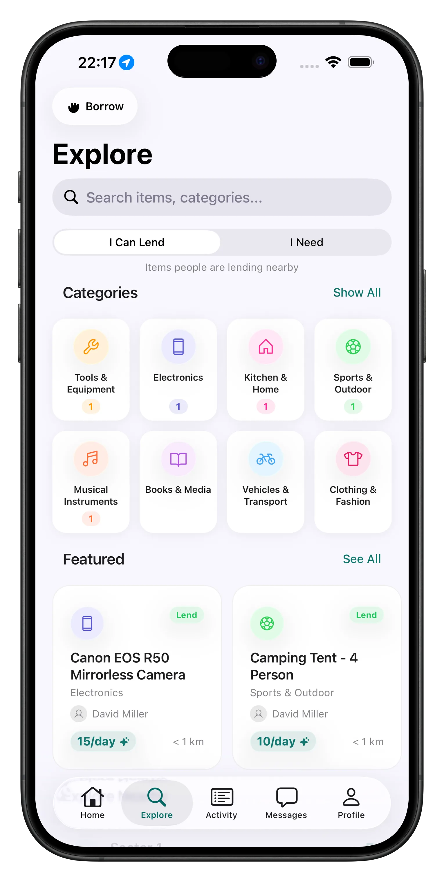 HandIt borrow feature — browse items to borrow